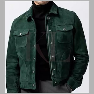 Men&#39;s Green Suede Trucker Jacket: Lambskin Leather, Western Style