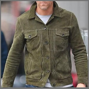 Green Suede Trucker Jacket: Handmade Western Style Leather jacket