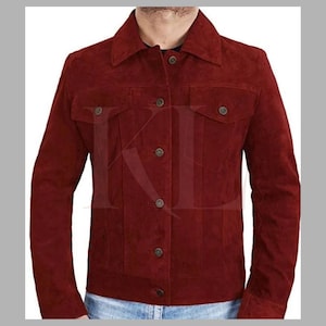 Men&#39;s Red Suede Trucker Jacket: Handmade Western Cowboy Style