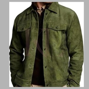 Green Suede Trucker Jacket: Handmade Western Style Leather Jacket