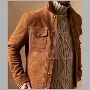 Men&#39;s Brown Suede Trucker Jacket: Handmade Western Cowboy Style