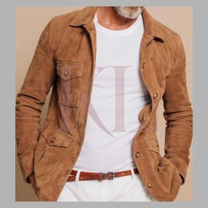 Men&#39;s Brown Suede Trucker Jacket: Handmade Western Cowboy Style
