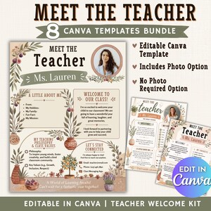 Editable Meet the Teacher Template Canva, Botanical Earthy Teacher Introduction Newsletter, Back to School Printable, 8 Layouts, Low Ink