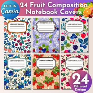 24 Composition Notebook Template Editable Canva, Printable Notebook Covers Bundle Vol.2, Aesthetic Cute Fruit School Stationery 7.5x9.75
