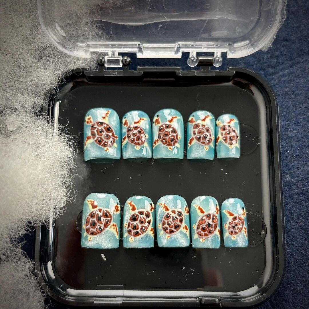 Turtle Tips Nails 3D Sea Turtle Press-on Nails, Ocean Blue Beach Nail Art Set, Handmade ...