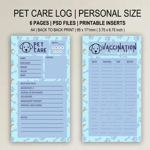 Personal Size Dog Health Record: Vet Visit Tracker, Pet Care Log (Digital Download)