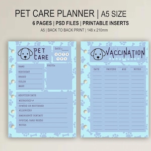 Pet Care Log | A5 Printable Planner Inserts | Animal Health Information Template | Pet Profile PDF | Vaccination Tracker | Digital Download