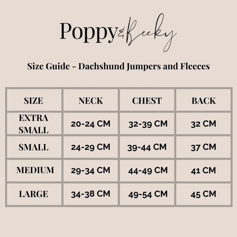 May include: A size guide for Dachshund jumpers and fleeces, with measurements in centimetres. The guide provides neck, chest, and back measurements for sizes extra small to large. The brand name "Poppy & Becky" is displayed at the top of the image.