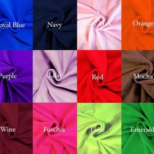 May include: A color palette showcasing fabric swatches in various shades. The image displays squares of fabric in colors such as royal blue, navy, baby pink, orange, purple, lilac, red, mocha, wine, fuchsia, lime, and emerald. Each swatch is labeled with its corresponding color name.