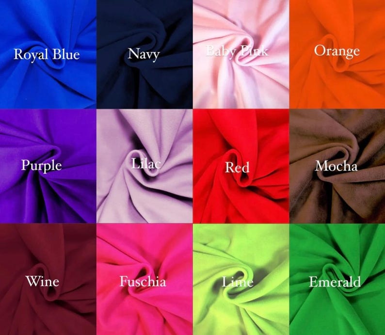 May include: A color palette showcasing fabric swatches in various shades. The image displays squares of fabric in colors such as royal blue, navy, baby pink, orange, purple, lilac, red, mocha, wine, fuchsia, lime, and emerald. Each swatch is labeled with its corresponding color name.