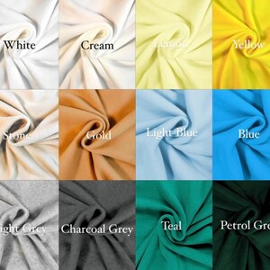 May include: A fabric color chart featuring swatches of various colors. The colors include white, cream, lemon, yellow, stone, gold, light blue, blue, light grey, charcoal grey, teal, and petrol green. Each swatch has the color name displayed.