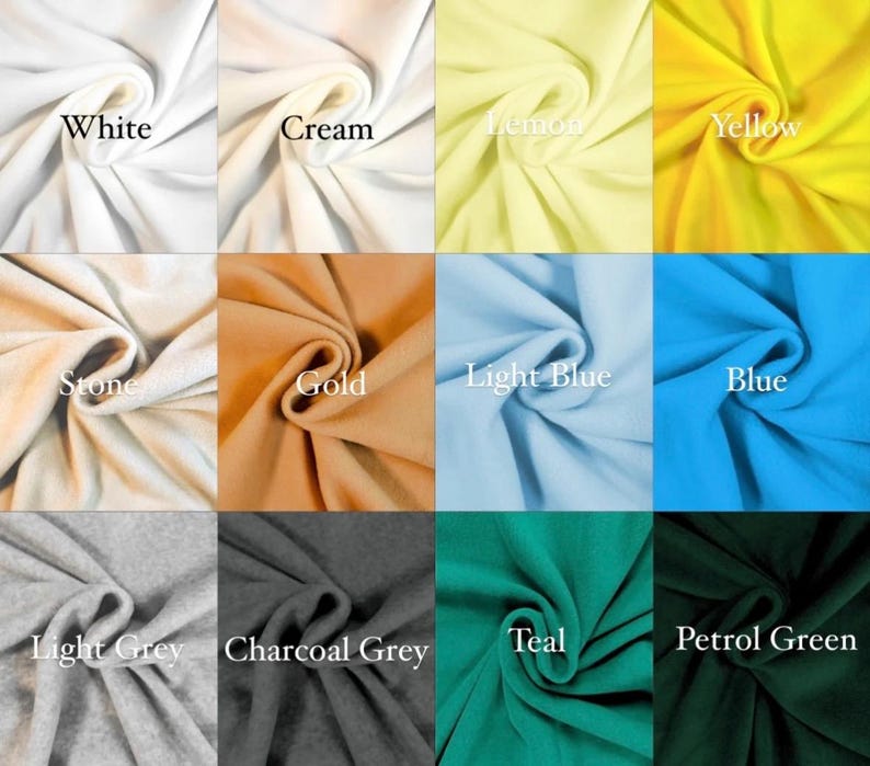 May include: A fabric color chart featuring swatches of various colors. The colors include white, cream, lemon, yellow, stone, gold, light blue, blue, light grey, charcoal grey, teal, and petrol green. Each swatch has the color name displayed.