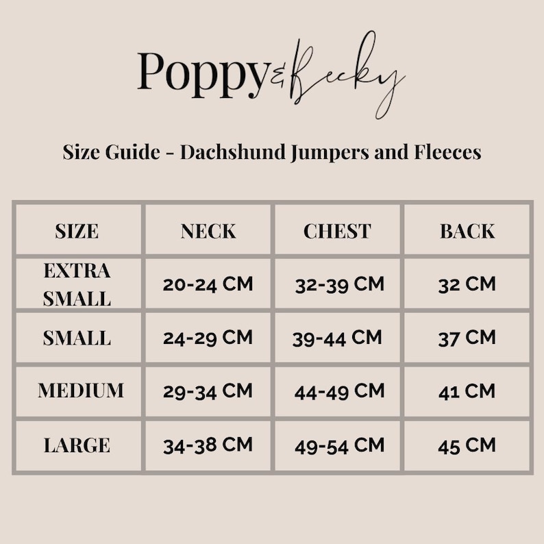May include: A size guide for Dachshund jumpers and fleeces, featuring measurements in centimeters. The guide includes sizes from extra small to large, detailing neck, chest, and back measurements for each size. The brand name "Poppy & Becky" is at the top.