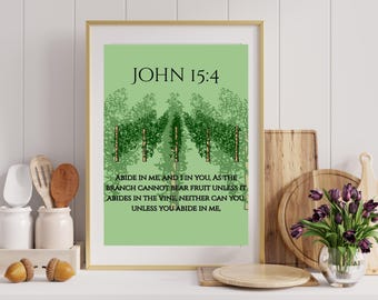 Chrześcijańska sztuka ścienna z Ewangelii Jana 15:4: „Trwajcie we mnie” – werset biblijny do druku | Pobieranie cyfrowe oparte na wierze | Grafika dla kobiet