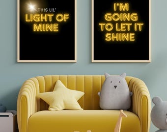 Ten zestaw chrześcijańskich, cyfrowych grafik ściennych Lil' Light of Mine Neon | Do druku sztuka chrześcijańska do pokoju dziecięcego lub pokoju dziecięcego | Pobieranie cyfrowe