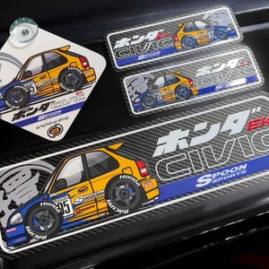 JDM Honda Civic EK9 Spoon Sticker Set – Suction Cup Window Tag + 3 Car Decals – Japanese Racing Cartoon from Artsticker Garage!