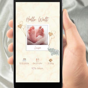 Canva Vorlage Geburtsanzeige • Hallo Welt Babybild zum Selbstbearbeiten • Digitales Geburts-Poster für WhatsApp & Druck