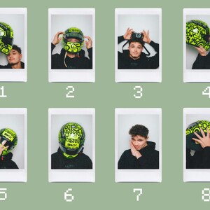 Könnte beinhalten: Acht Fotos im Polaroid-Stil zeigen eine Person mit einem neongrünen und schwarzen Rennhelm. Der Helm hat ein unverwechselbares Muster und die Buchstaben "BKK". Die Person trägt einen schwarzen Kapuzenpullover. Der Hintergrund ist schlicht.