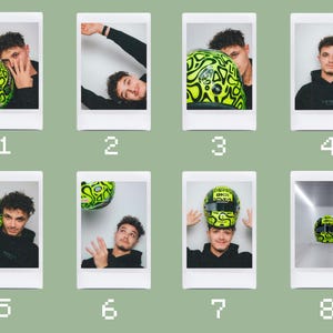 Könnte beinhalten: Acht Bilder im Polaroid-Stil zeigen eine Person mit einem BMX-Helm. Der Helm ist neongrün mit schwarzen abstrakten Mustern und dem Text "BMX". Die Person trägt in den meisten Bildern einen schwarzen Kapuzenpullover.