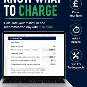 May include: A digital spreadsheet tool titled TheBizToolkitHQ for calculating day rates. The screen displays fields for billable days, minimum day rate, safety buffer, recommended day rate, hourly rate, and annual turnover in British pounds.