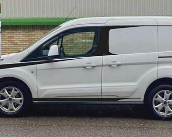 May include: White commercial van with black accent stripes. The van has a side profile view, showcasing its doors, windows, and wheels. An inset image shows the front of the van. The van is parked on a paved surface.