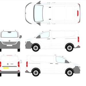 May include: A white commercial van, shown from multiple angles: top, front, side, and rear. The van has a gray front bumper and black wheels. The rear lights are red, and the van has a yellow license plate. The Volkswagen logo is visible on the front and rear.