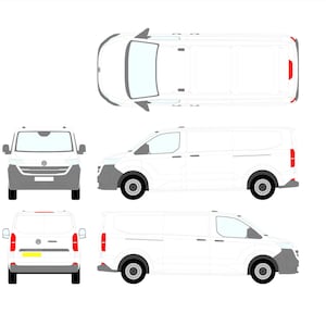 May include: A white cargo van, shown from multiple angles: top, front, side, and rear. The van has a gray front bumper and black wheels. The rear lights are red, and the license plate is yellow.