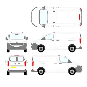 May include: A white cargo van illustration, shown from multiple angles: top-down, front, side, and rear views. The van has a gray front bumper and black wheels. The rear lights are red, and the side windows are tinted.