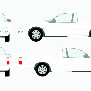 Può includere: Illustrazione di un pick-up bianco, mostrato frontalmente, lateralmente e posteriormente. Il camion ha ruote nere, un fanale posteriore rosso e un parabrezza grigio. Il design è pulito e semplice, incentrato sulla forma del veicolo.