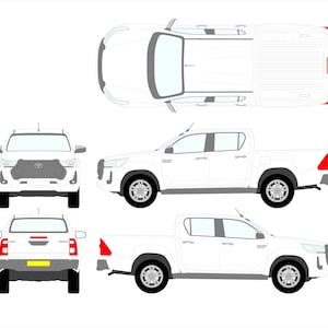 May include: A white pickup truck, shown from multiple angles: front, side, rear, and top-down. The truck has black wheels and a gray front grill. The taillights are red. The image is a vector illustration.