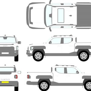 May include: White Kia Tasman pickup truck illustration, shown from multiple angles: top-down, front, side, and rear views. The truck has a gray bed and accents, black wheels, and the Kia logo is visible on the front.