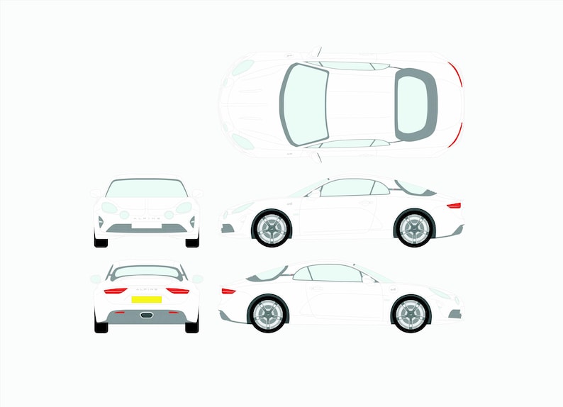 May include: Illustration of a white sports car, presented from various perspectives: front, side, rear, and overhead. The car features black wheels and a streamlined design. The top view reveals the car's interior. The background is plain white.