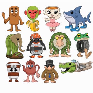 May include: A selection of vibrant cartoon characters. The image features a shark in trainers, a coffee cup ballerina, and a sushi penguin. Other characters include a monkey with a banana, a frog with a tyre, and a crocodile in a plane.