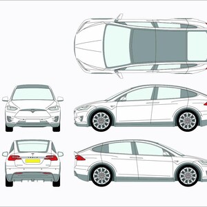 May include: White Tesla Model X electric SUV illustration, shown from multiple angles: front, side, rear, and top-down view. The car has a sleek design with a panoramic roof and distinctive falcon-wing doors. The wheels are black and silver.