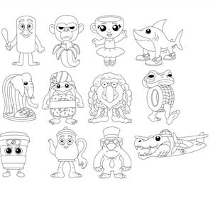 May include: A collection of whimsical cartoon characters in black and white. The characters include a baseball bat, a monkey with a banana, a teacup ballerina, a shark in sneakers, an elephant, a penguin, a furry creature, a frog, a coffee cup, a teapot, a troll, and an alligator in a plane.