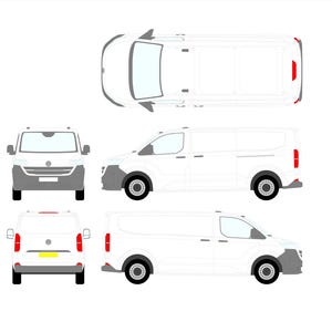 May include: A white cargo van illustration, shown from multiple angles: top, side, front, and rear views. The van has a gray front bumper and black wheels. Red taillights are visible in the rear view. The design is clean and modern.
