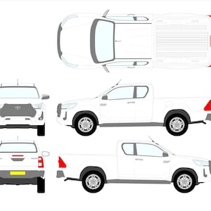 May include: White pickup truck illustration from multiple angles. The image shows the front, side, top, and rear views of the vehicle. The truck has black wheels and a gray front grill. The taillights are red.