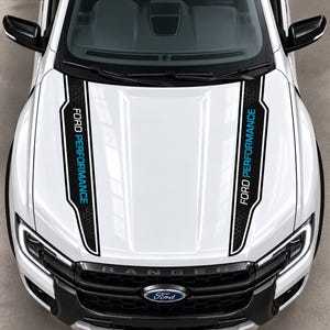 May include: A white Ford Ranger vehicle bonnet featuring two black vertical racing stripes with a honeycomb pattern. The text FORD PERFORMANCE is printed in white and blue on each stripe. The front grille displays the Ford logo and RANGER text.