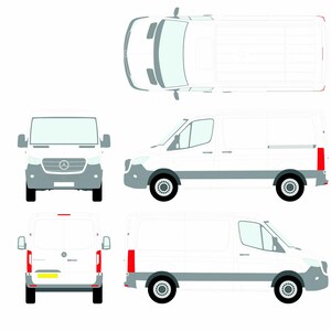 May include: A white cargo van illustration, shown from multiple angles: front, side, rear, and top-down. The van has gray accents, black wheels, and red taillights. The front view displays the Mercedes-Benz logo.