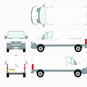 May include: A white cargo van with multiple views: top, front, side, and rear. The van has gray accents, black wheels, and red taillights. The front view shows the Mercedes-Benz logo.