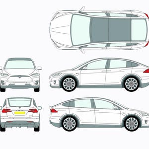 May include: A white Tesla Model X, shown from multiple angles: top-down, front, side, and rear views. The car has a sleek, modern design with a panoramic roof and distinctive falcon-wing doors. The wheels are black with silver accents.