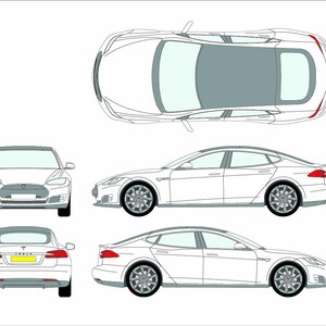 May include: Line drawing of a white electric sedan, shown from multiple angles: front, side, rear, and top-down. The car has a sleek design with a panoramic roof and alloy wheels. The image is a technical illustration of the vehicle.