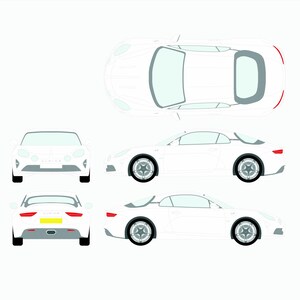 May include: Illustration of a white sports car, presented from various perspectives: front, side, rear, and overhead. The car features black wheels and a streamlined design. The top view reveals the car's interior. The background is plain white.