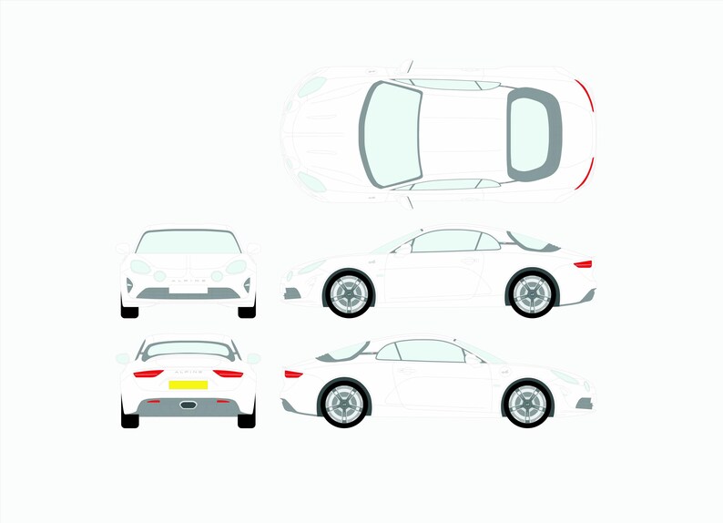 May include: Illustration of a white sports car, presented from various perspectives: front, side, rear, and overhead. The car features black wheels and a streamlined design. The top view reveals the car's interior. The background is plain white.