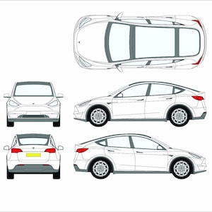 May include: A white electric vehicle, shown from multiple angles: top-down, side, front, and rear views. The car has a sleek design with tinted windows and a minimalist aesthetic. The wheels are visible in the side views.