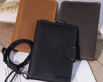 Crazy Horse Leather Passport Neck Wallet w/ AirTag Slot – Personalized Engraved Travel Doc Pouch, Gift for Father,Bridesmaid, Bridal Party