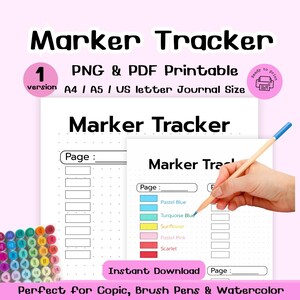 Könnte beinhalten: Eine druckbare "Marker Tracker"-Journalseite mit rosa und weißem Design. Die Seite enthält eine Farbkarte und Platz zum Verfolgen von Markern. Der Text enthält "PNG & PDF Printable" und "Instant Download."
