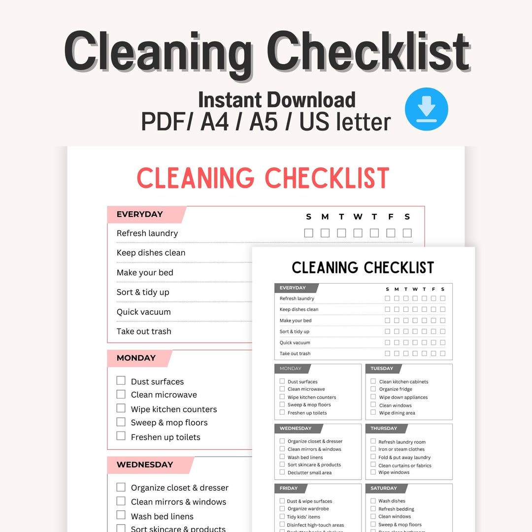 Home Cleaning Checklist Printable | Daily Weekly Cleaning Schedule ...