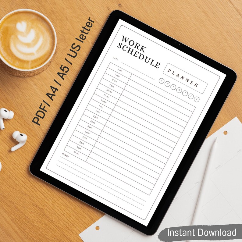 Work Schedule Planner Printable PDF | Daily Hourly Work Planner ...