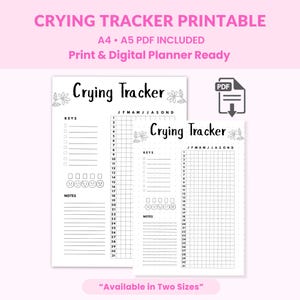 Pode incluir: Um rastreador de choro imprimível em dois tamanhos, A4 e A5, com um PDF incluído. O design apresenta uma grade para rastreamento, rotulada como "KEYS" e "NOTES", e o texto "Crying Tracker" na parte superior. O texto "Print & Digital Planner Ready" também é visível.